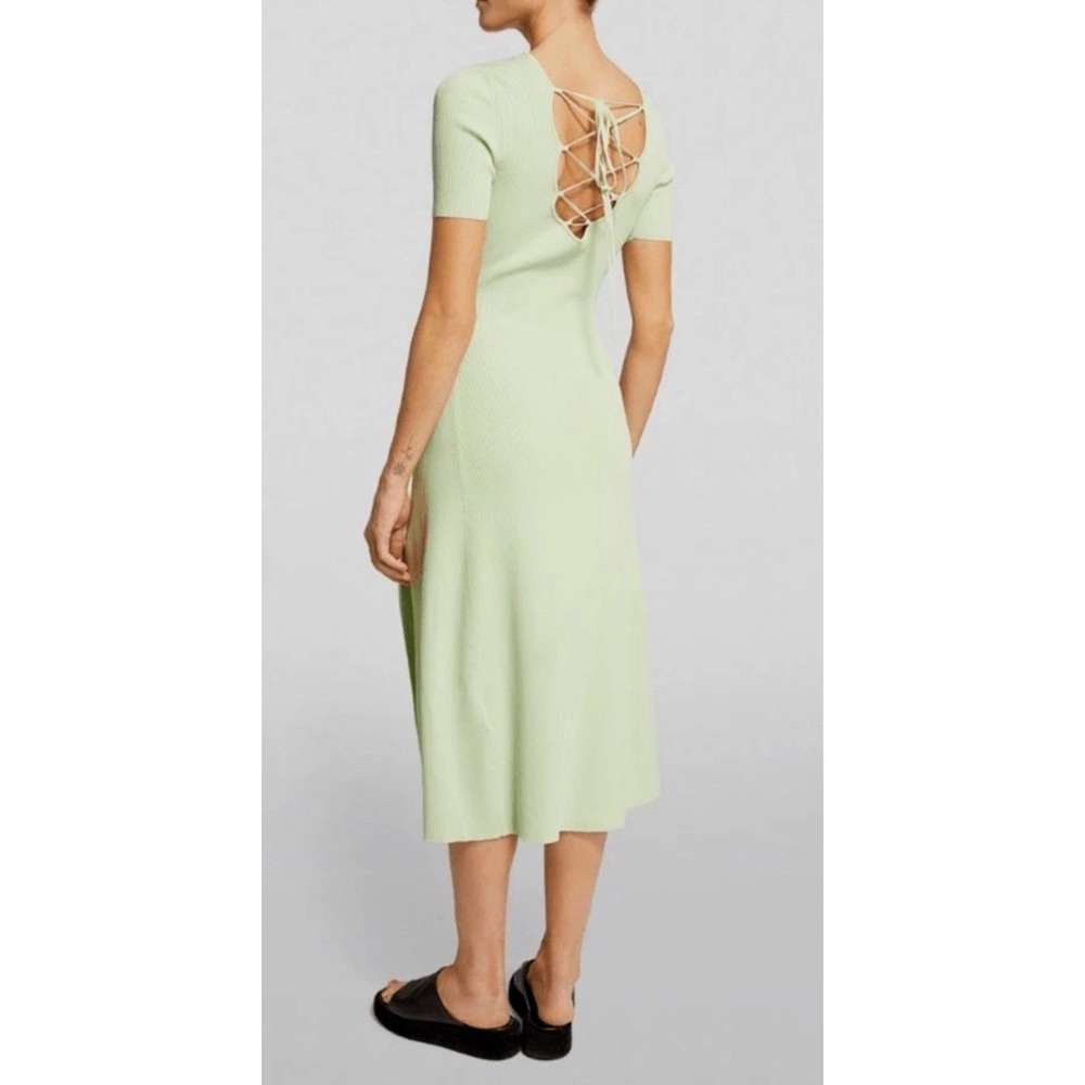 Maje Midi Dress Ribbed Knit Lace Up Back Short Sleeve Light Green Medium 38
